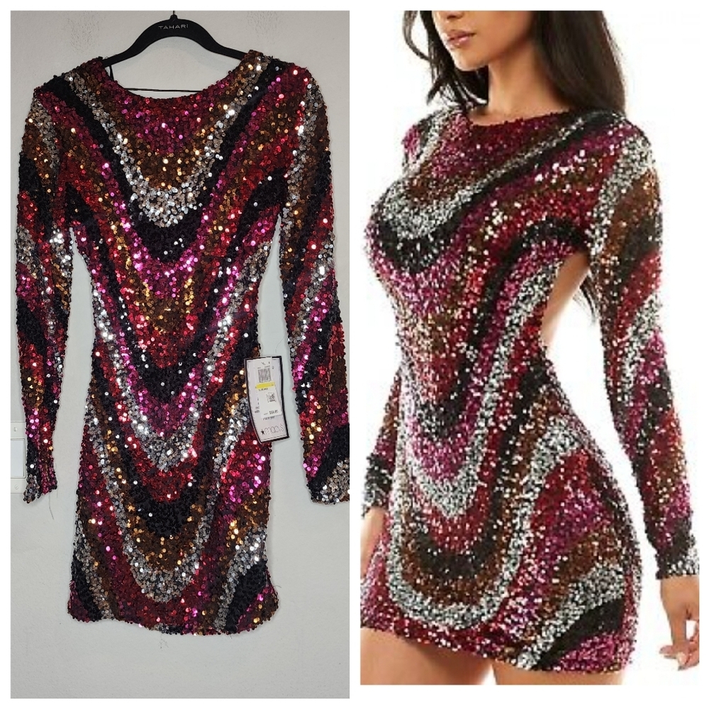 NWT B. Darlin‎ Open Back Long Sleeve Sequin Stretch Mini Dress Size Medium Party